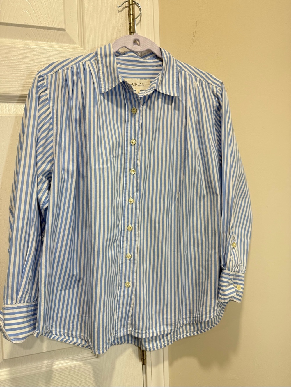 THE GREAT. Blue & White Striped Cotton Button Down Shirt Size 0